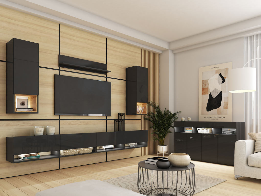 Meblościanka z komodą czarna połysk PREMIUM