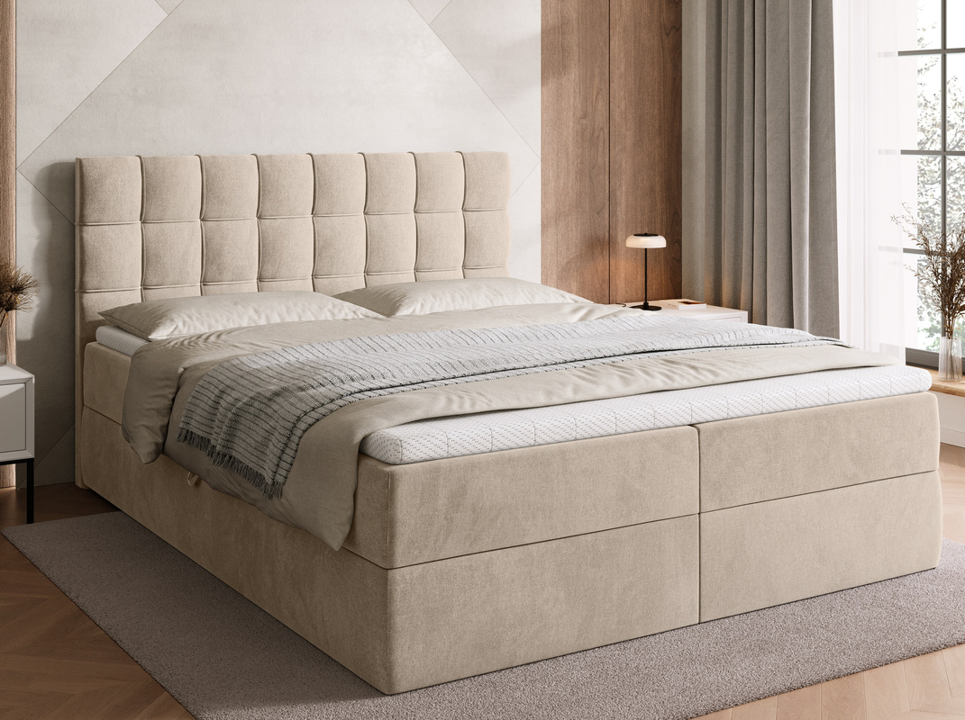 Beżowe łóżko kontynentalne 180x200 cm z pojemnikiem na pościel DETROIT