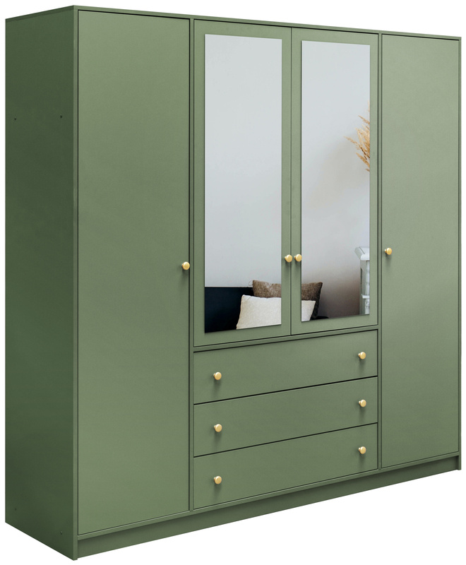 Duża zielona szafa uchylna z lustrem i półkami 196 cm SELMA