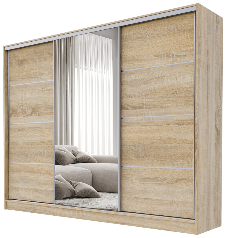 Trzydrzwiowa pojemna szafa przesuwna z lustrem 235 cm BEST dąb sonoma