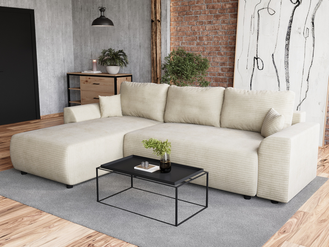 Beżowy nowoczesny narożnik do salonu z funkcją spania i pojemnikiem ROMEO