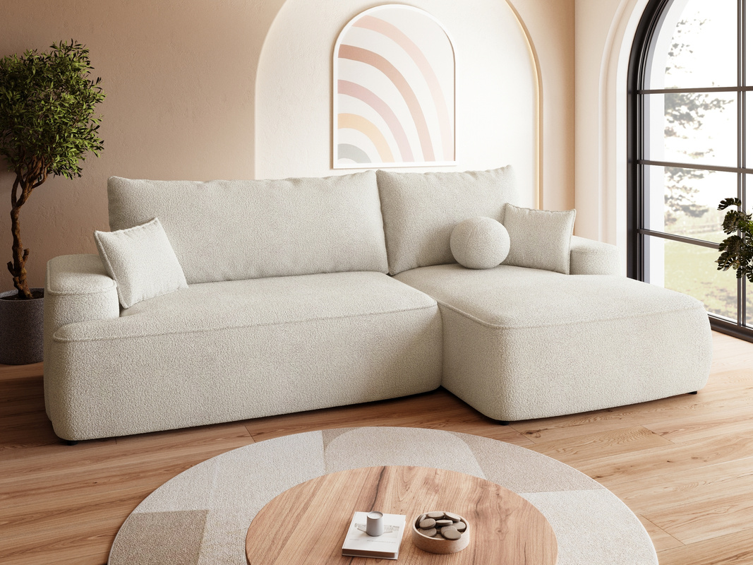 Nowoczesny beżowy narożnik z pojemnikiem i funkcją spania CARMELLO boucle