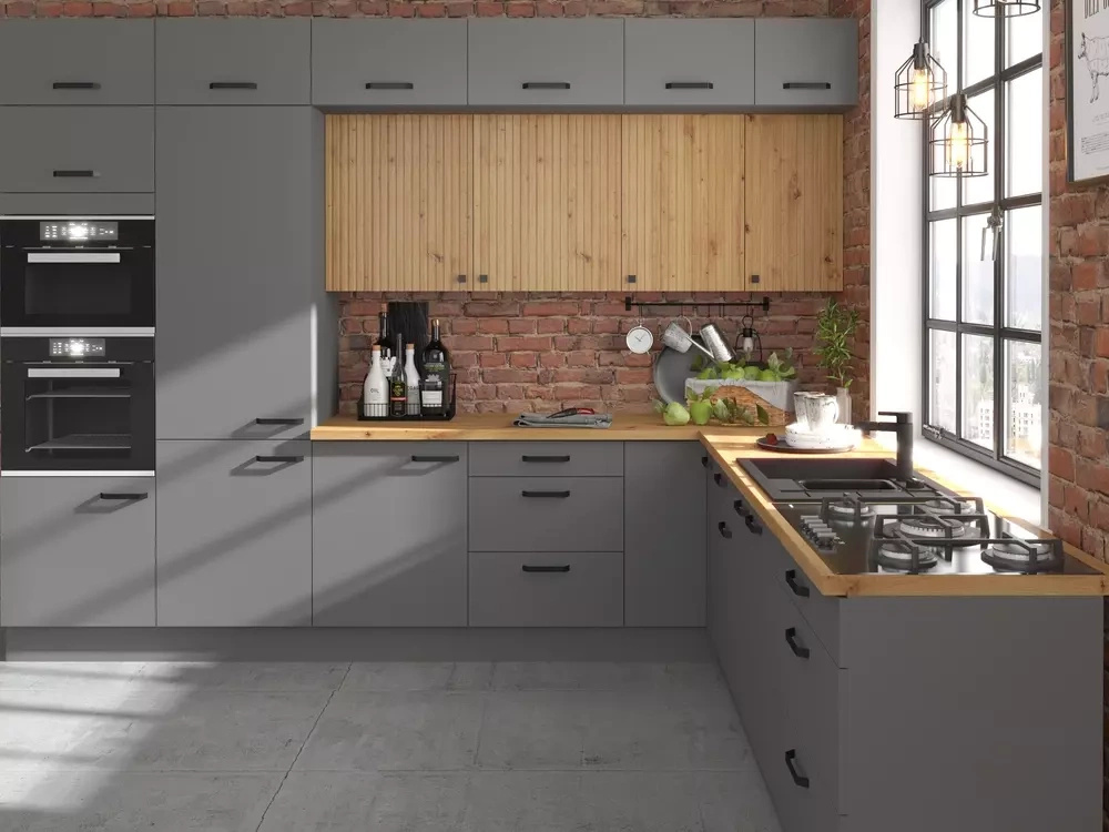 Praktyczny zestaw nowoczesnych mebli kuchennych NEPO antracyt dąb artisan