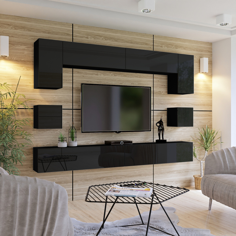 Czarna nowoczesna meblościanka do salonu PREMIUM połysk