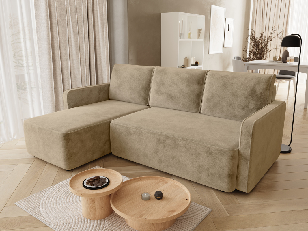 Brązowa rozkładana kanapa narożna do salonu z funkcją spania QULIO