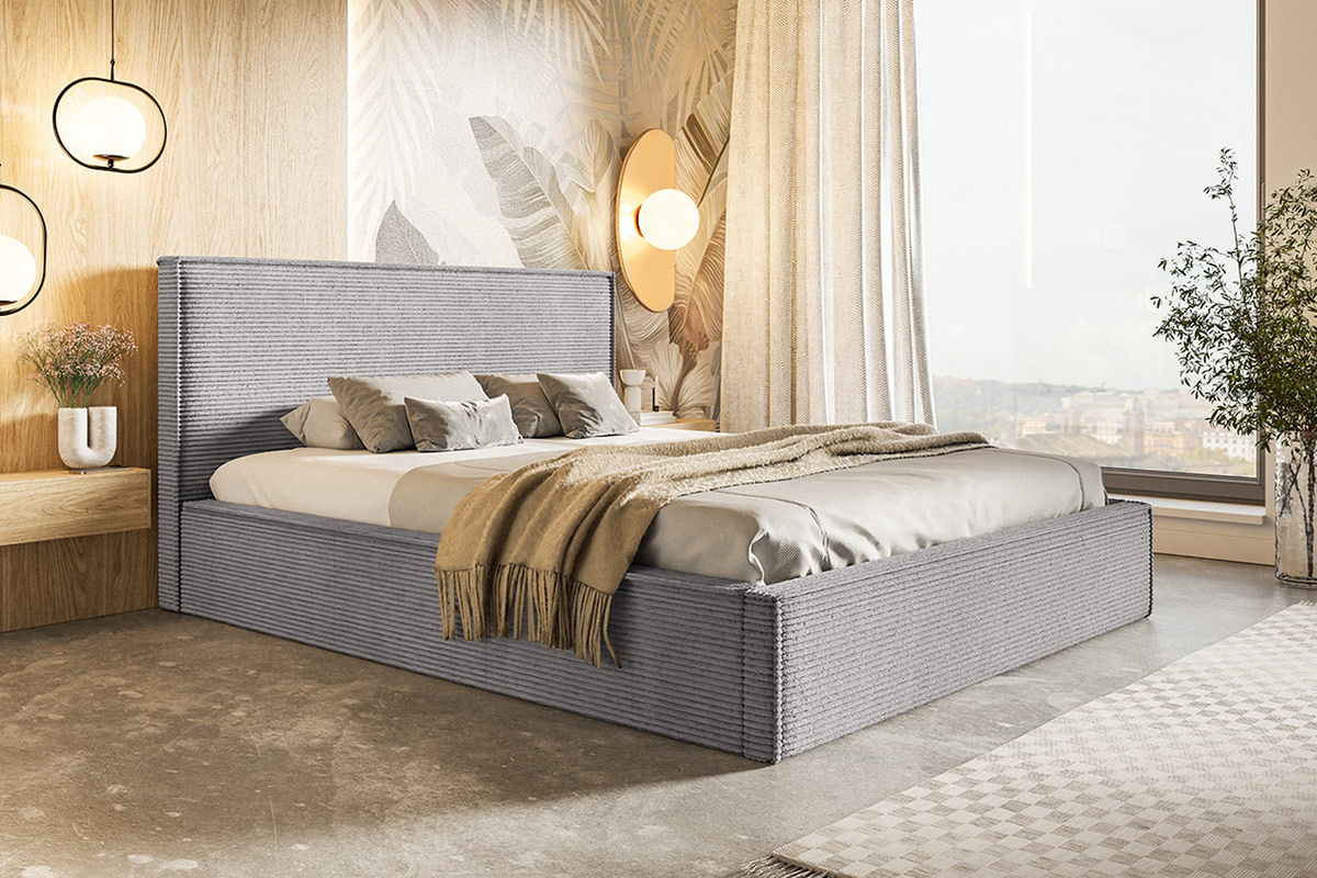 Szare sztruksowe łóżko 140x200 cm do sypialni PARISIO