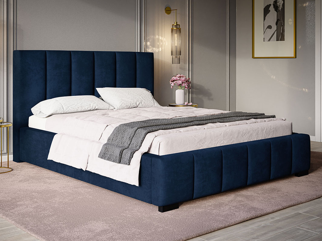 Welurowe granatowe łóżko dwuosobowe z pojemnikiem 140x200 cm CAND