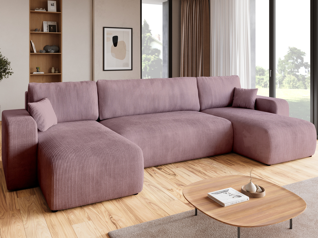 Różowy narożnik z funkcją spania i pojemnikiem na pościel PUMI U