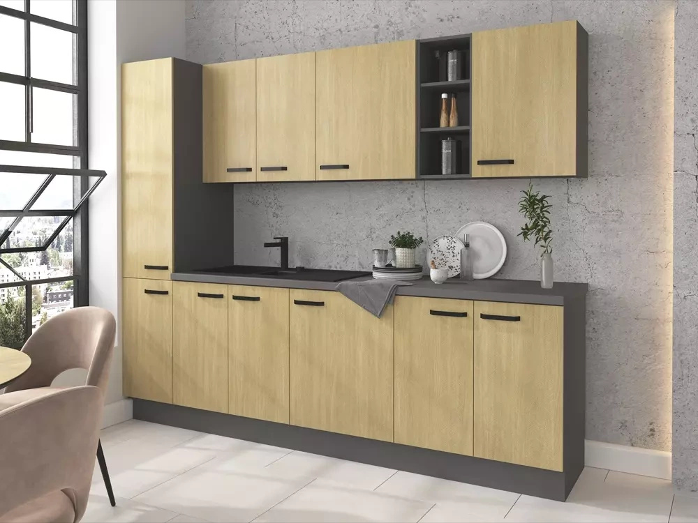 Zestaw nowoczesnych mebli kuchennych we wzorze jodełki SUNSHINE