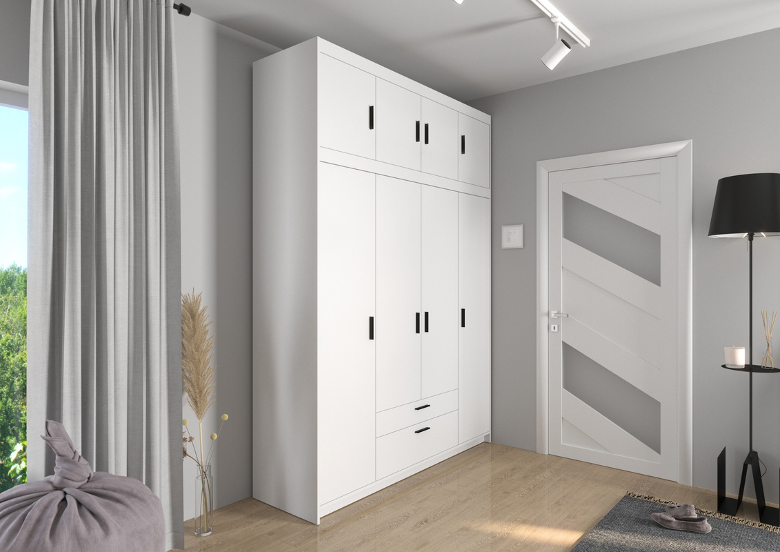 Szafa czterodrzwiowa 176 cm do garderoby z nadstawką biały KUBA