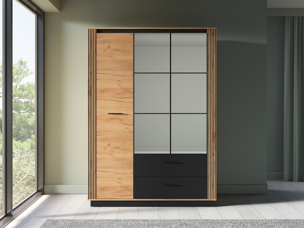 Szafa trzydrzwiowa 150 cm z lustrem dąb craft złoty czarny z szufladami i drążkiem UMIO