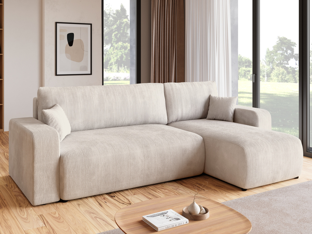 Beżowy rozkładany narożnik do salonu z funkcją spania PUMI