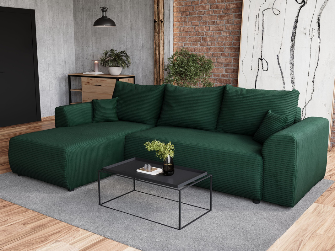 Rozkładany narożnik z funkcją spania do salonu zielony ROMEO