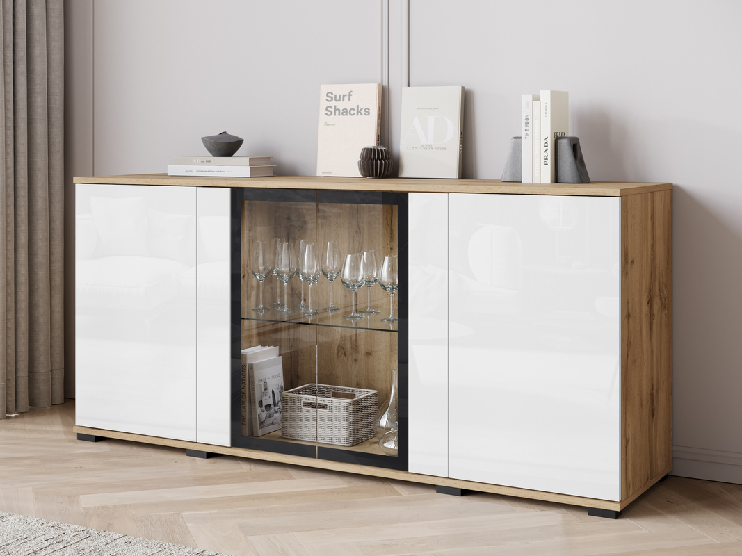 Komoda biały połysk 150 cm z witryną do salonu CAVIO