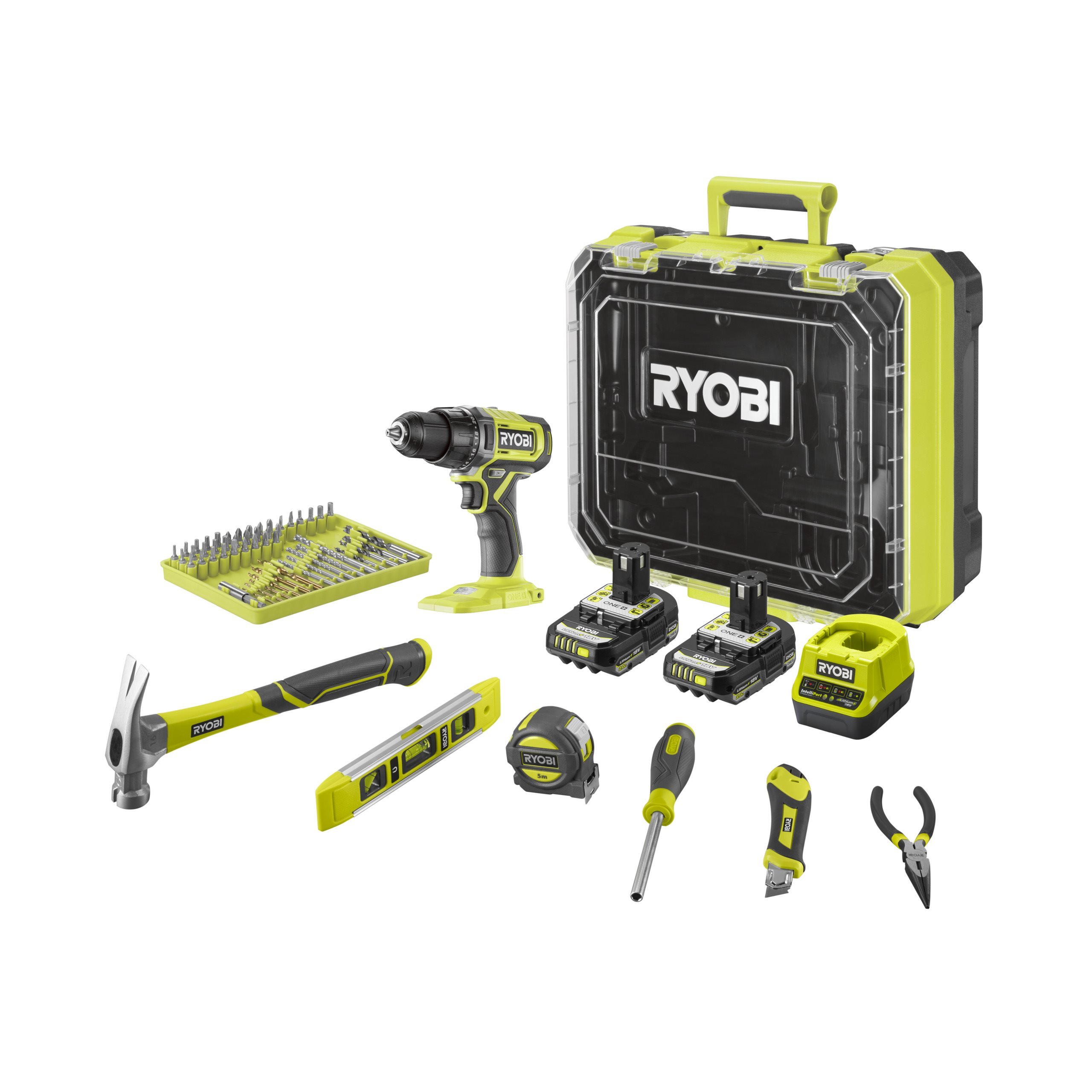 Wiertarko-wkrętarka 18V ONE+ w zestawie z dwoma akumulatorami 2.0 A, ładowarką oraz walizką zawierającą akcesoria