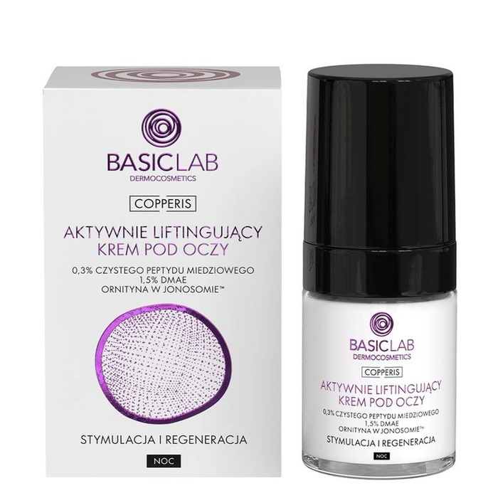 BasicLab Aktywnie Liftingujący krem pod oczy na noc 0,3% czystego peptydu miedziowego, Stymulacja i Regeneracja, 18 ml