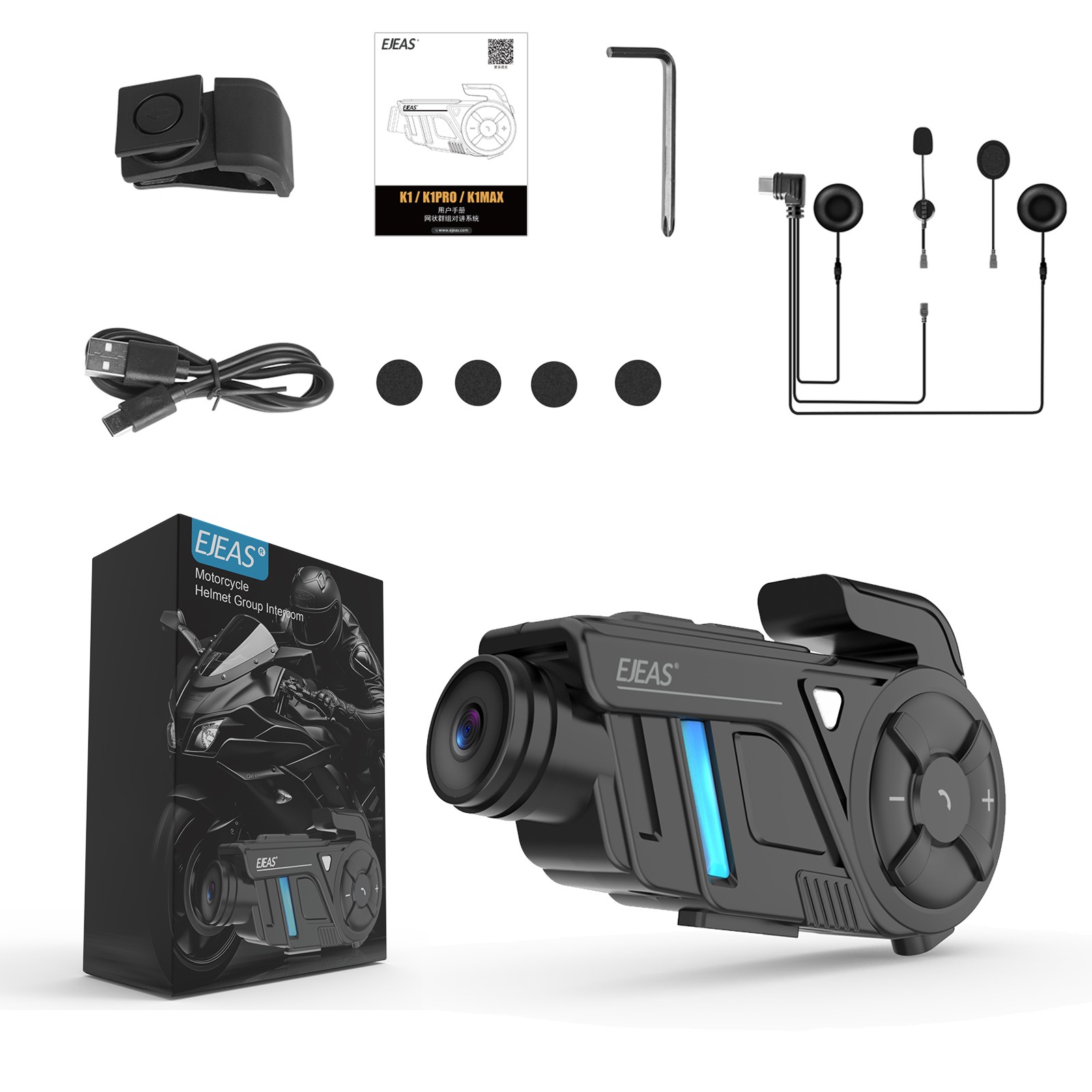 Interkom motocyklowy EJEAS K1 kamera 2K foto wideo 1000m WIFI MESH 4 osoby