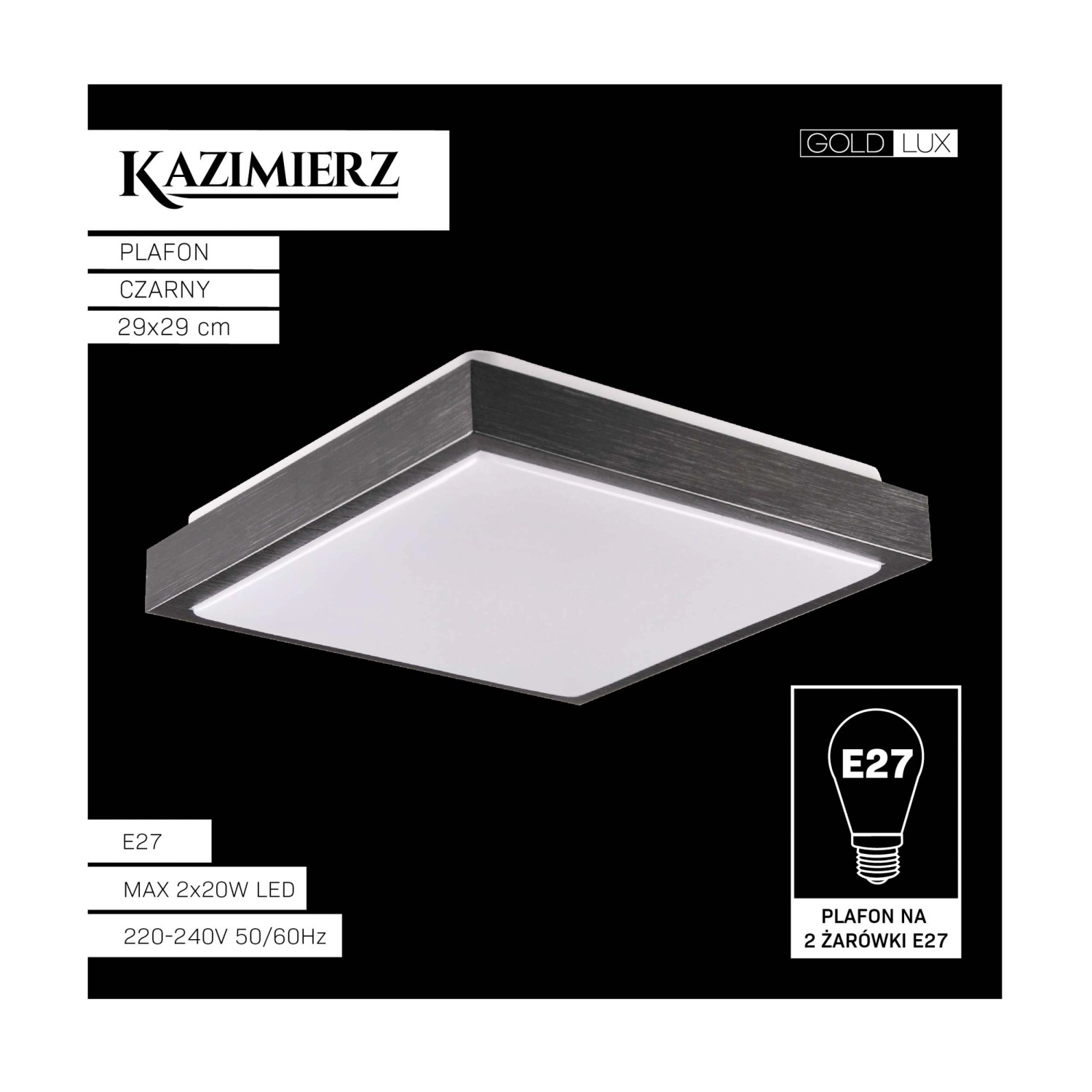 Goldlux Plafon KAZIMIERZ kwadrat 2xE27 20W 29x29 cm czarny