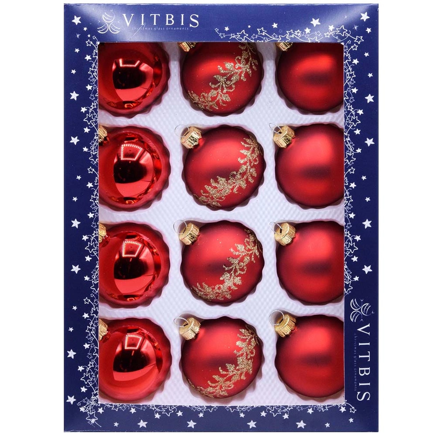 Bombki gładkie i dekorowane w pudełku czerwone śr. 6 cm - 12 szt.