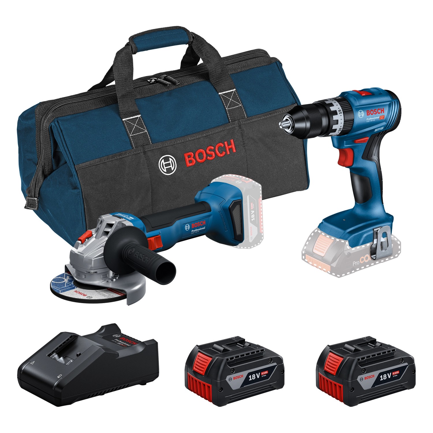 Bosch Professional Zestaw narzędzi akumulatorowych GSB 18-45 + GWS 18-8 2x4,0 Ah