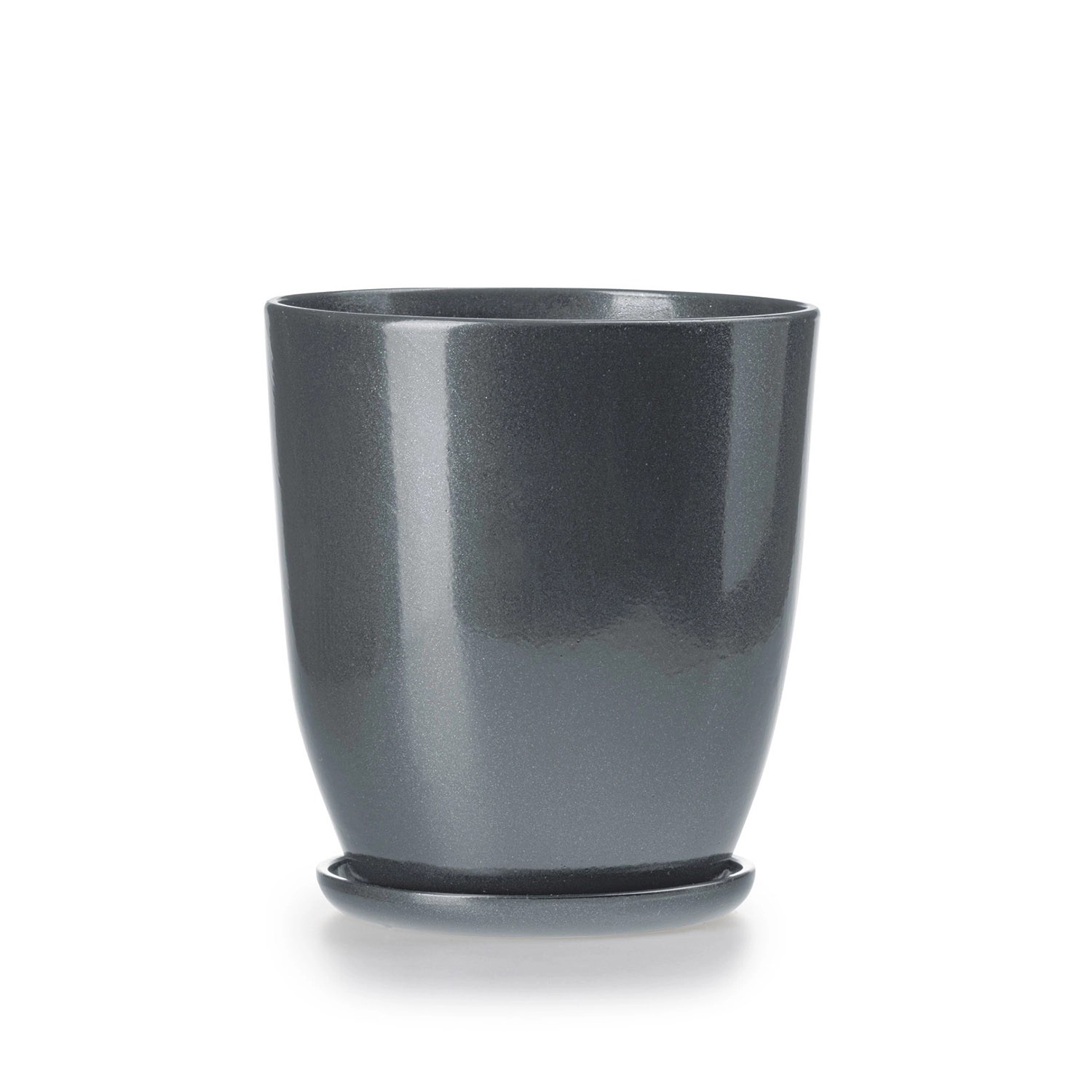Doniczka z podstawką wysoka szary połysk - 13,5 cm