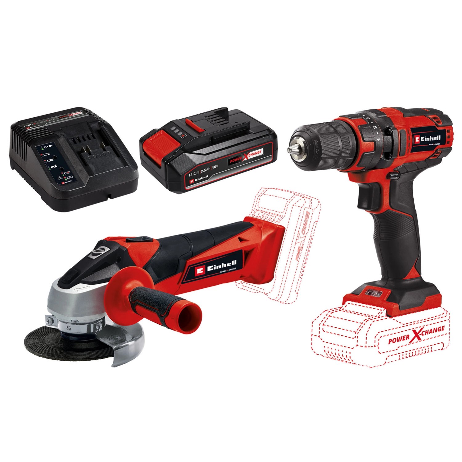 Einhell Zestaw narzędzi akumulatorowych TC-CD 18/35 + TC-AG 18/115 18V 2,5 Ah