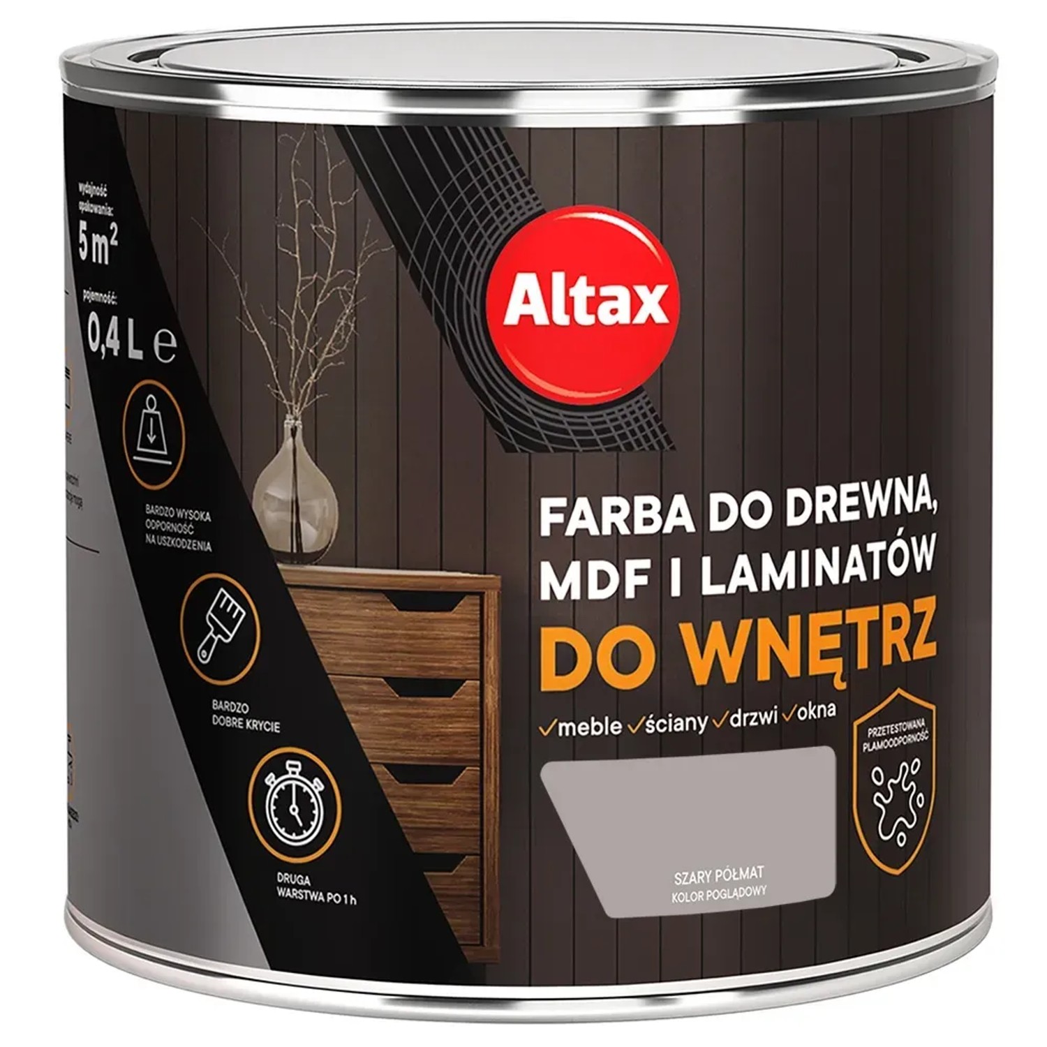 Farba do drewna ALTAX do wnętrz szary 400 ml