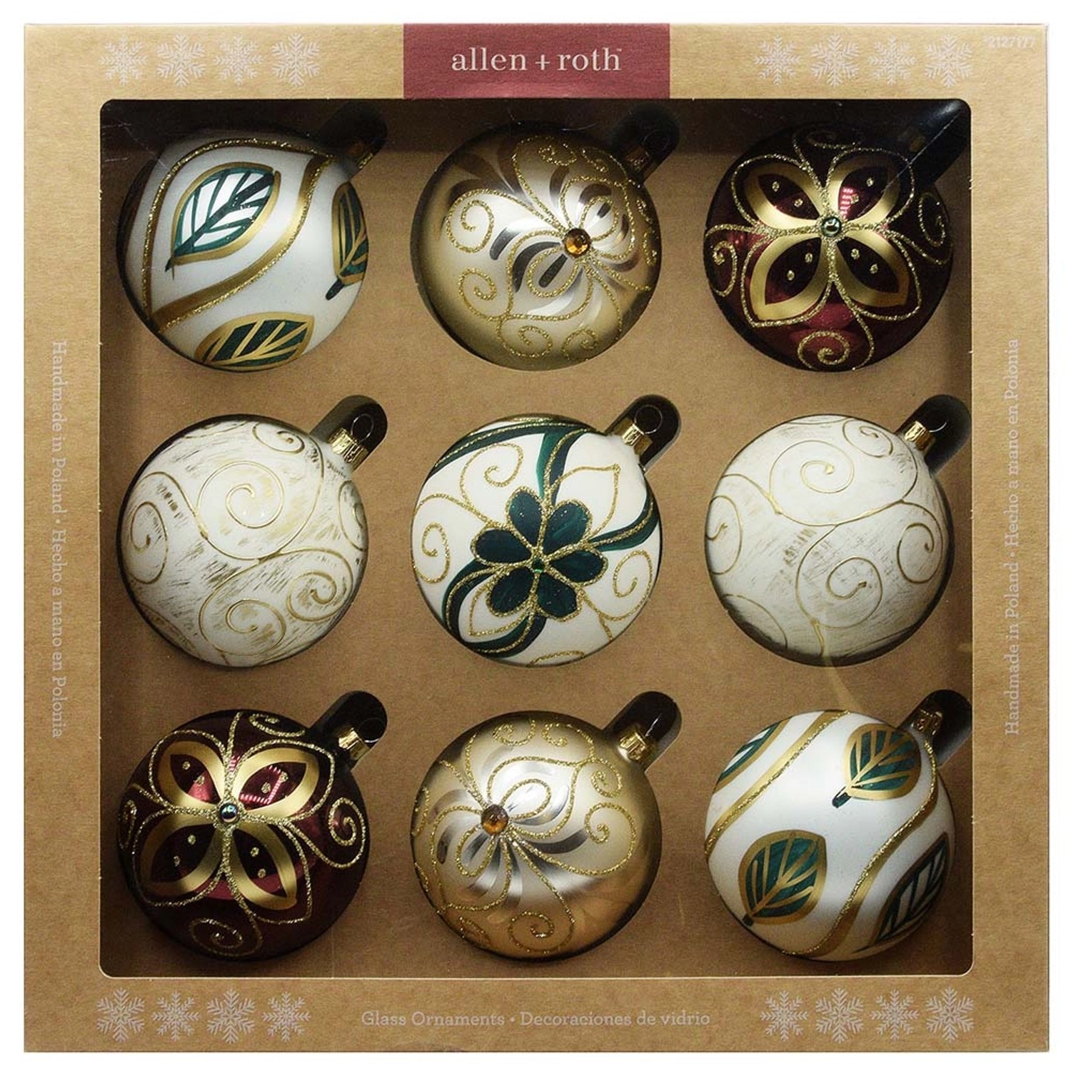 Bombki z dekorem bogatym w pudełku białe/zielone śr. 10 cm - 9 szt.