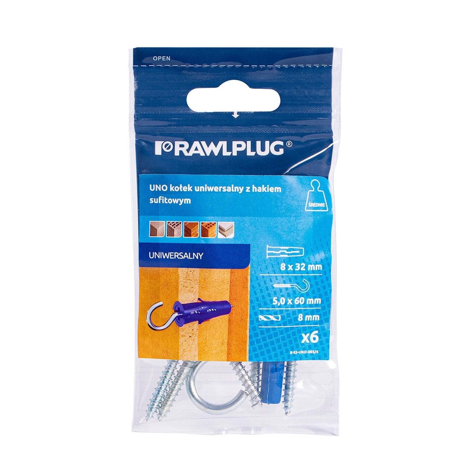 Rawlplug Kołek UNO uniwersalny 8x32 mm hak sufitowy 6 szt.