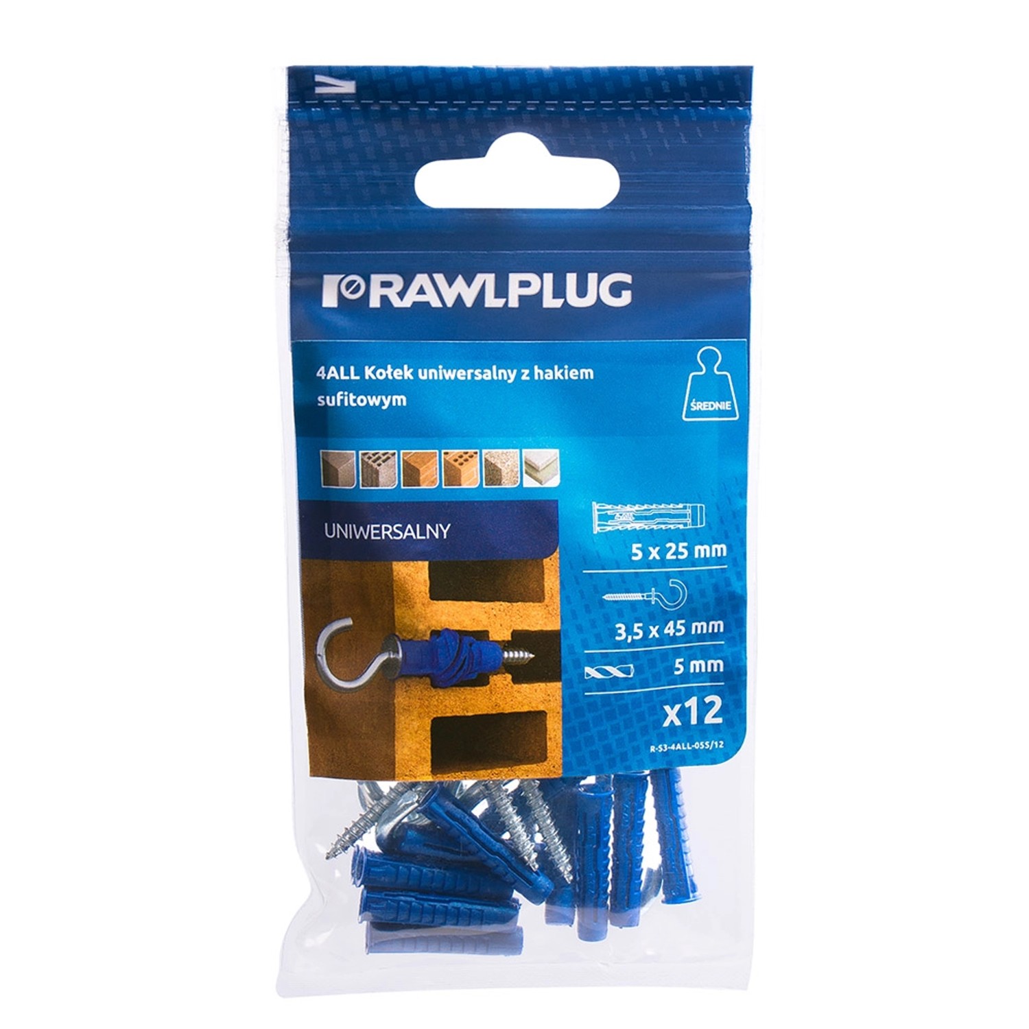 Rawlplug Kołek 4All uniwersalny 5x25mm hak otwarty 12szt.