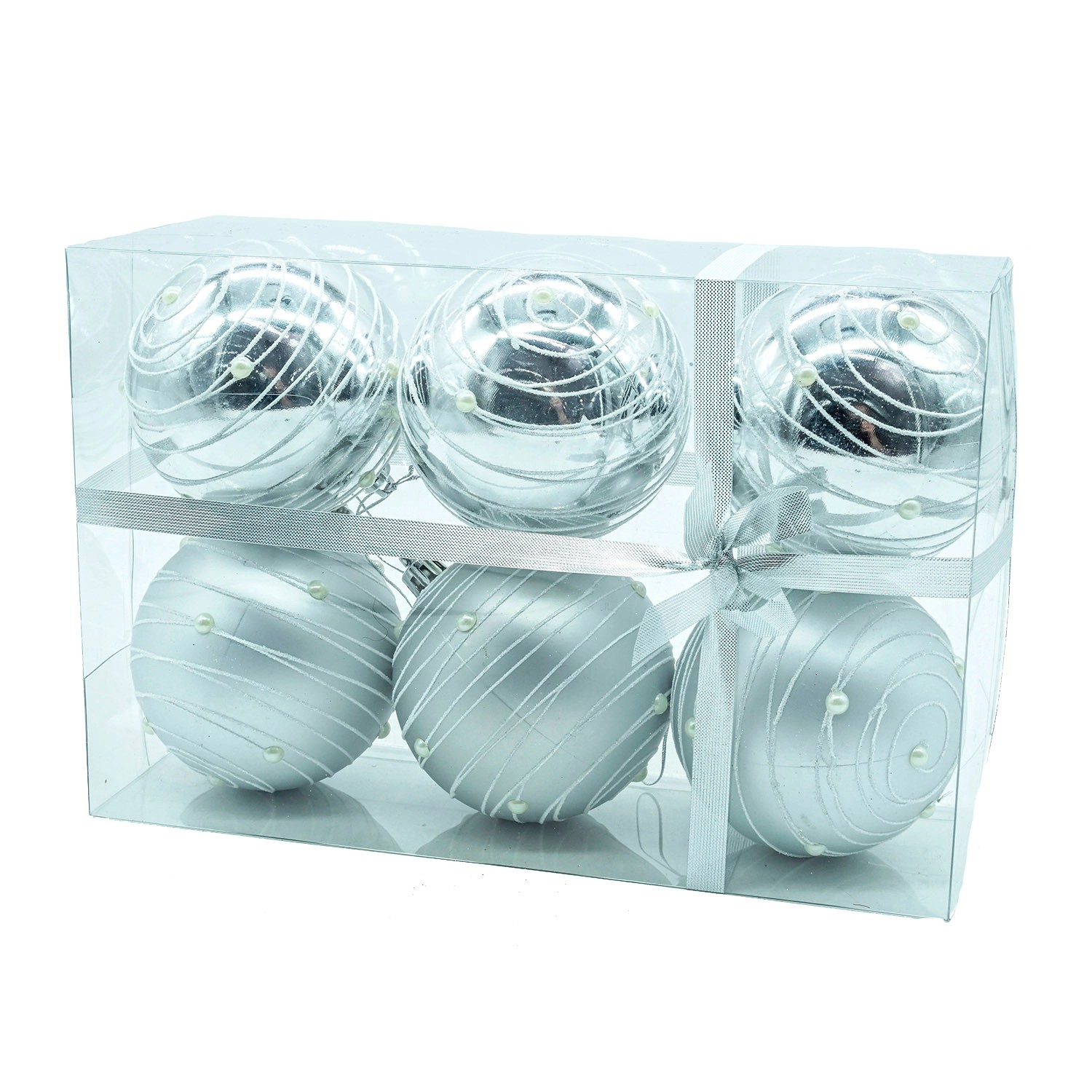 Bombki plastikowe dekorowane srebrne 6 cm - 6 szt.