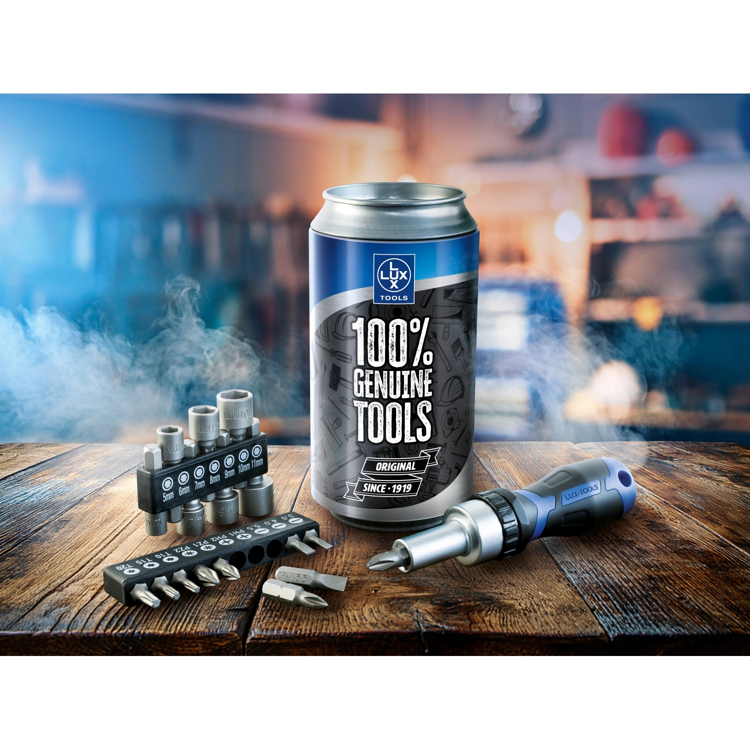 LUX-TOOLS Zestaw wkrętak + bity w puszce - 18 cz.