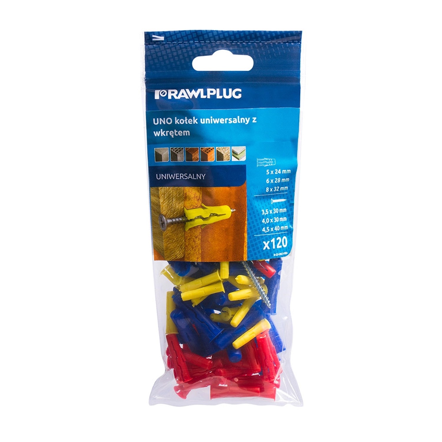 Rawlplug Kołek UNO uniwersal 5/6/8mm z wkrętem 60szt.