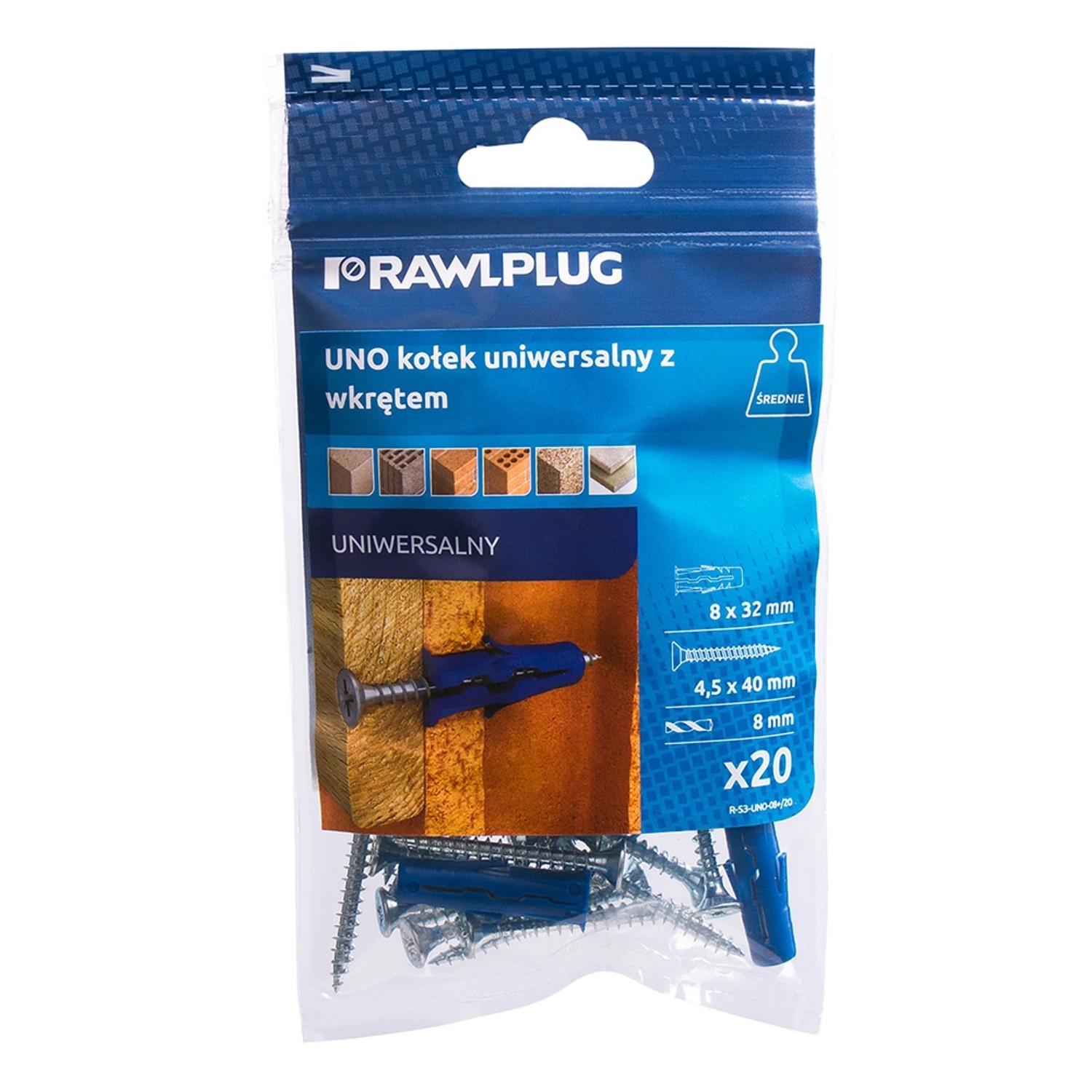 Rawlplug Kołek UNO uniwersalny 8x32mm z wkrętem 20 szt