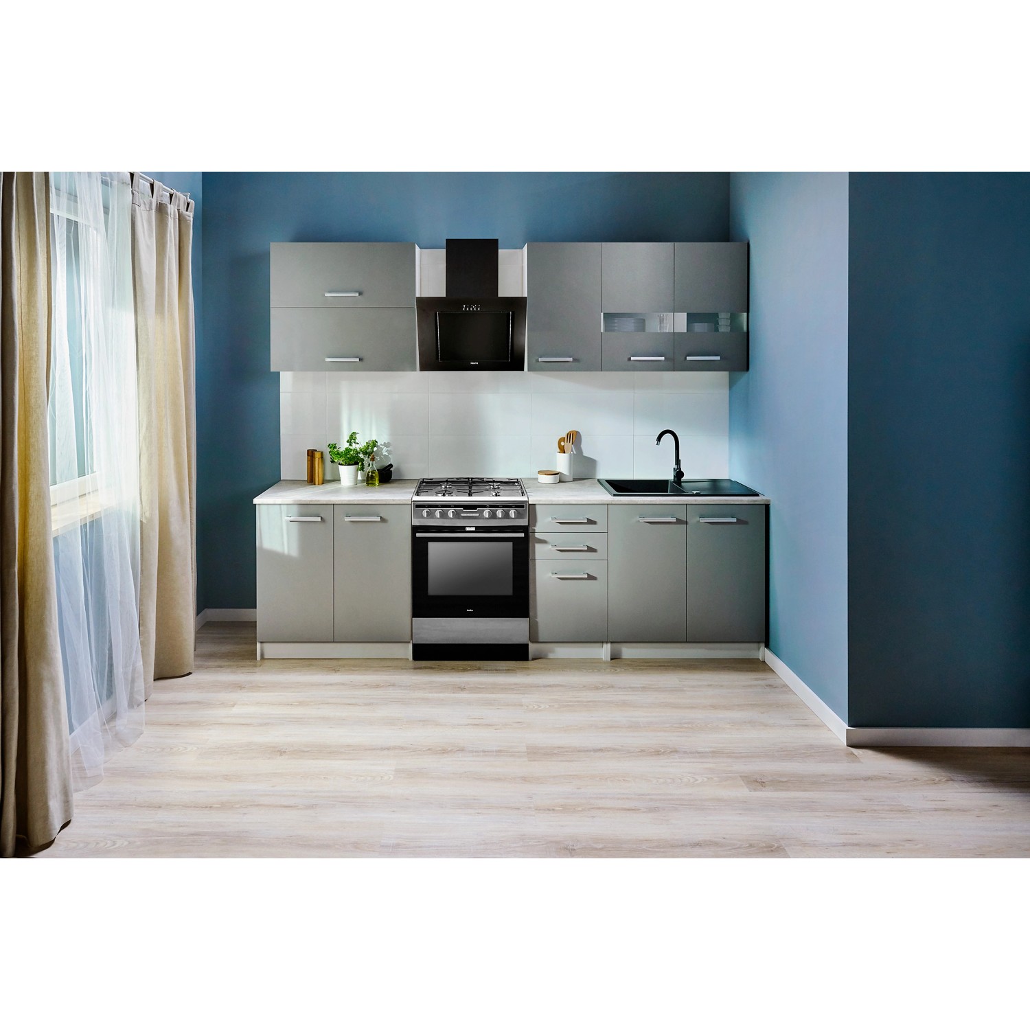 Black and White Style Zestaw mebli kuchennych MALIBU szary 200 cm 6 el.