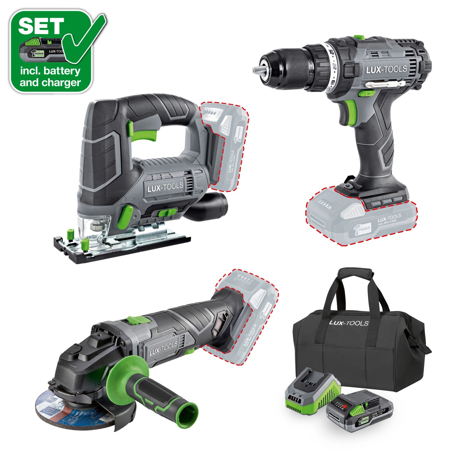 LUX-Tools Zestaw narzędzi akumulatorowych 3w1 20V 2,0 Ah