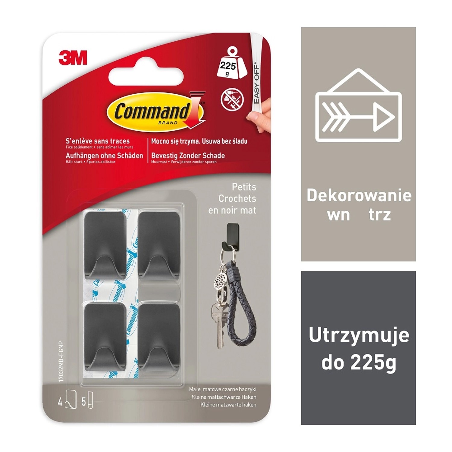 3M Command Małe haczyki dekoracyjne, matowa czerń, do 225 g 4 szt.