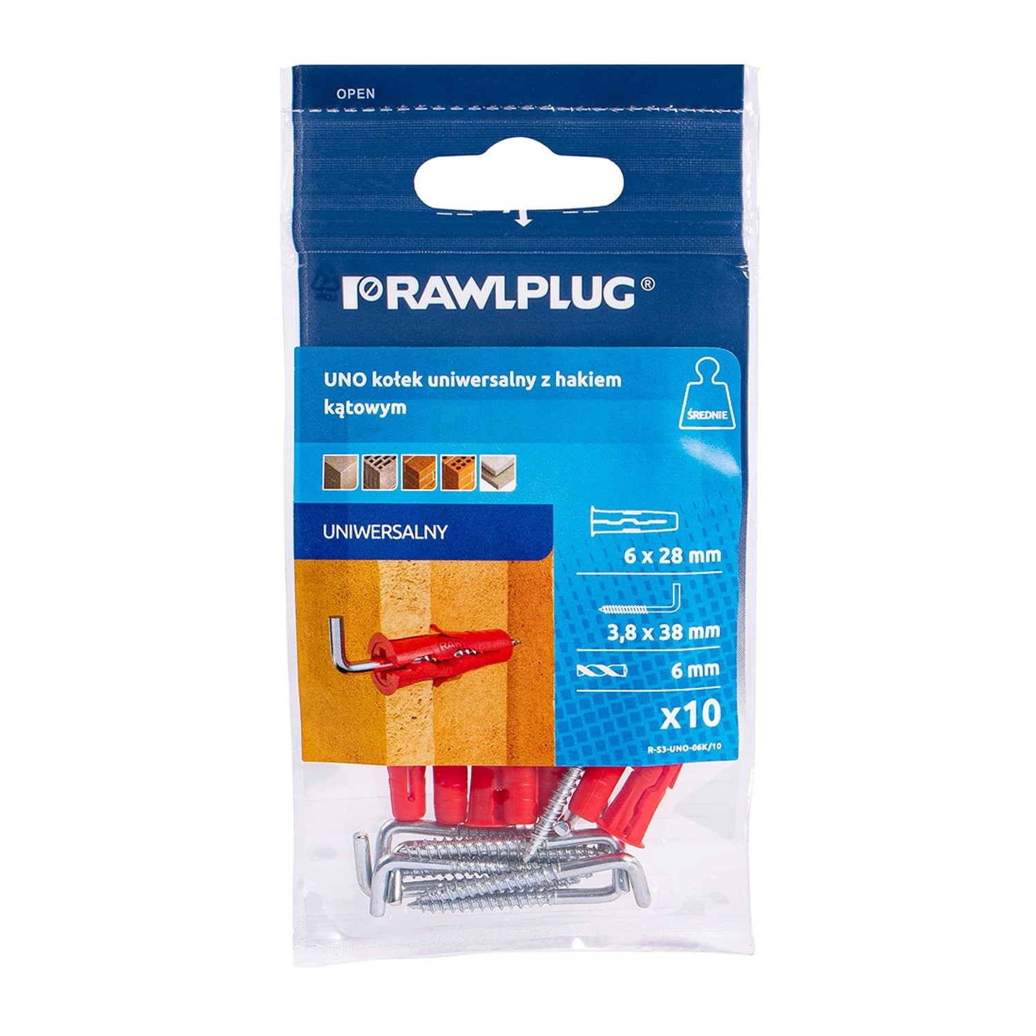 Rawlplug Kołek UNO uniwersalny 6x28 mm hak kątowy 10 szt.
