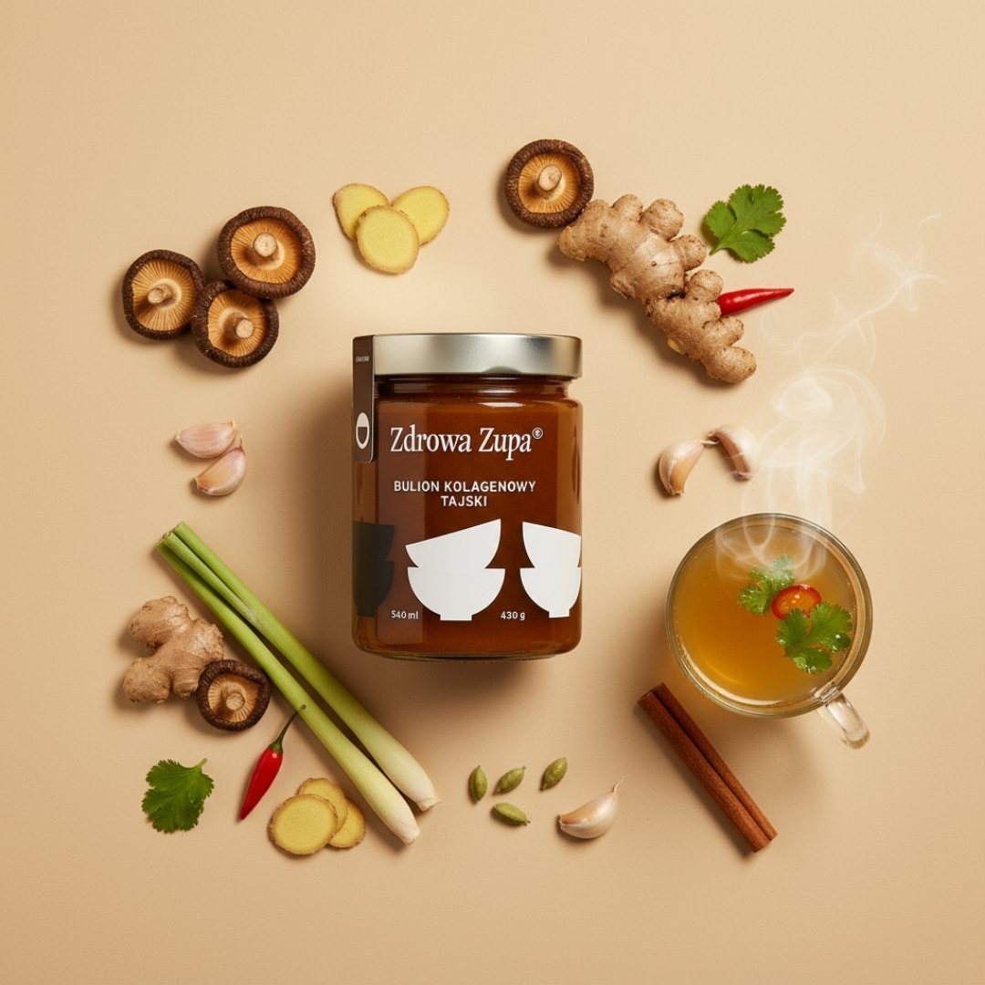 Bulion kolagenowy Tajski (długo gotowany, bez glutenu, bez laktozy, keto, czysty skład 540 ml, do lodówki)