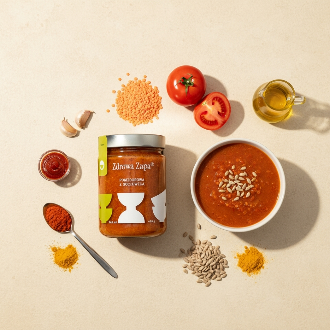 Pomidorowa z soczewicą (vegan, bez glutenu, bez laktozy, czysty skład 540 ml, do lodówki)