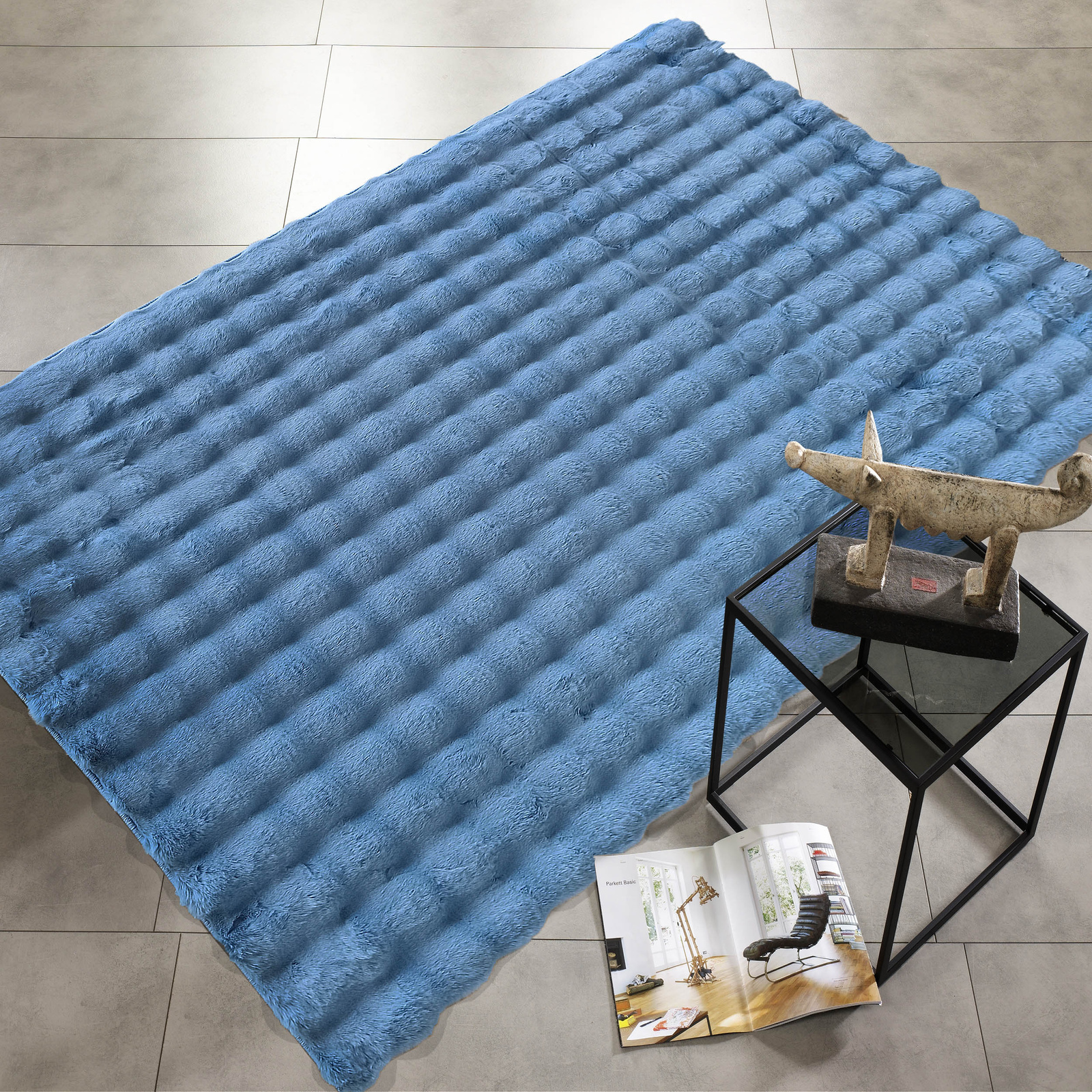 Mięciutki dywan typu rabbit MERLIN 3D- niebieski