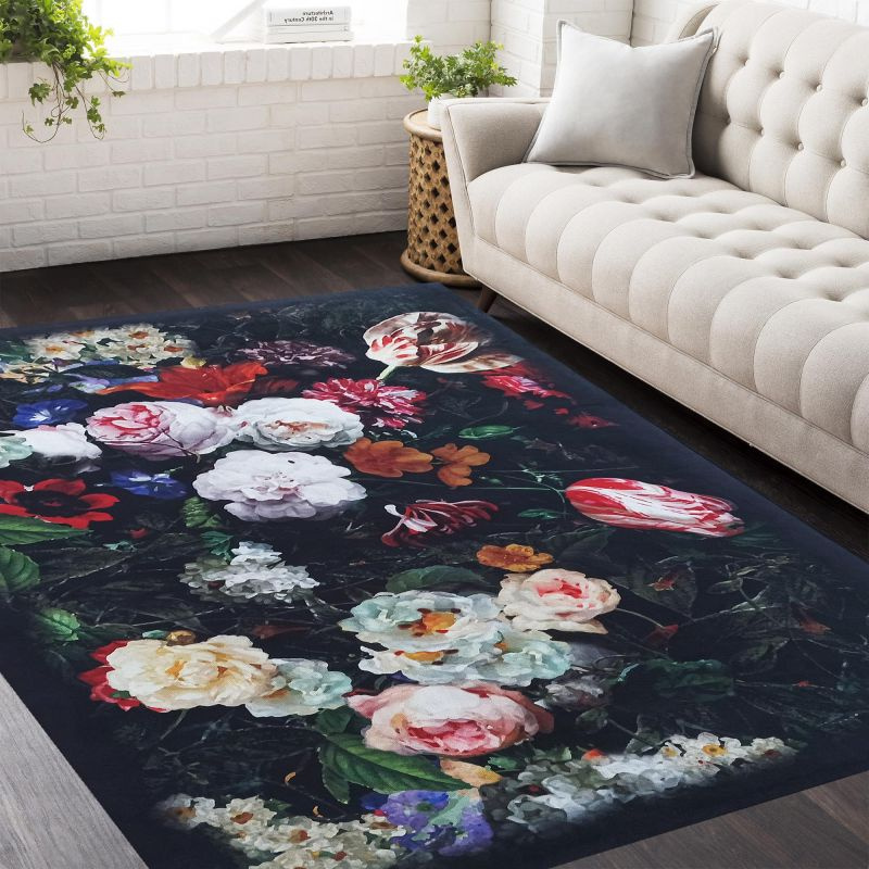 Dywan antypoślizgowy Heos New 119 - czarny w kwiaty- bez frędzli