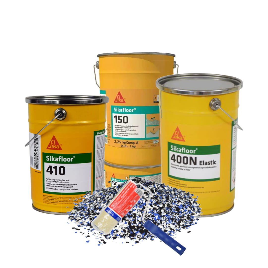 KOMPLETNY SYSTEM SIKAFLOOR 400N RAL 7032 + PŁATKI DEKORACYJNE + WAŁEK (ZESTAW NA 10 M2)
