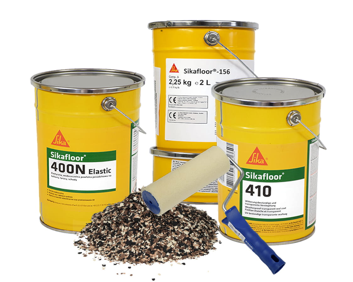 KOMPLETNY SYSTEM SIKAFLOOR 400N KOLORY NA 20M2 + PŁATKI DEKORACYJNE + WAŁEK