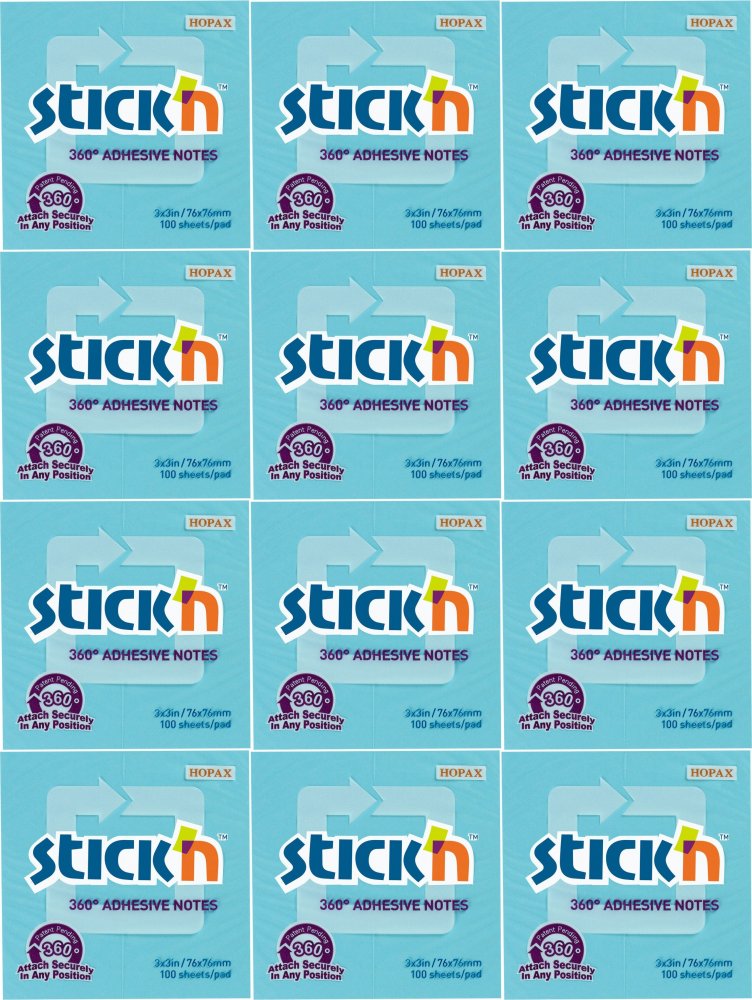 12x Karteczki samoprzylepne Stick'n 360 stopni, 76x76mm, 100 karteczek, niebieski pastelowy