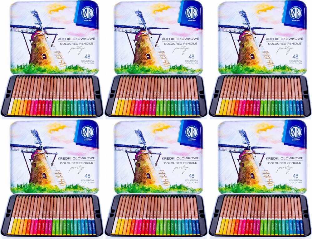 6x Kredki ołówkowe Astra Prestige, z drewna cedrowego, w metalowym pudełku, 48 sztuk, mx kolorów
