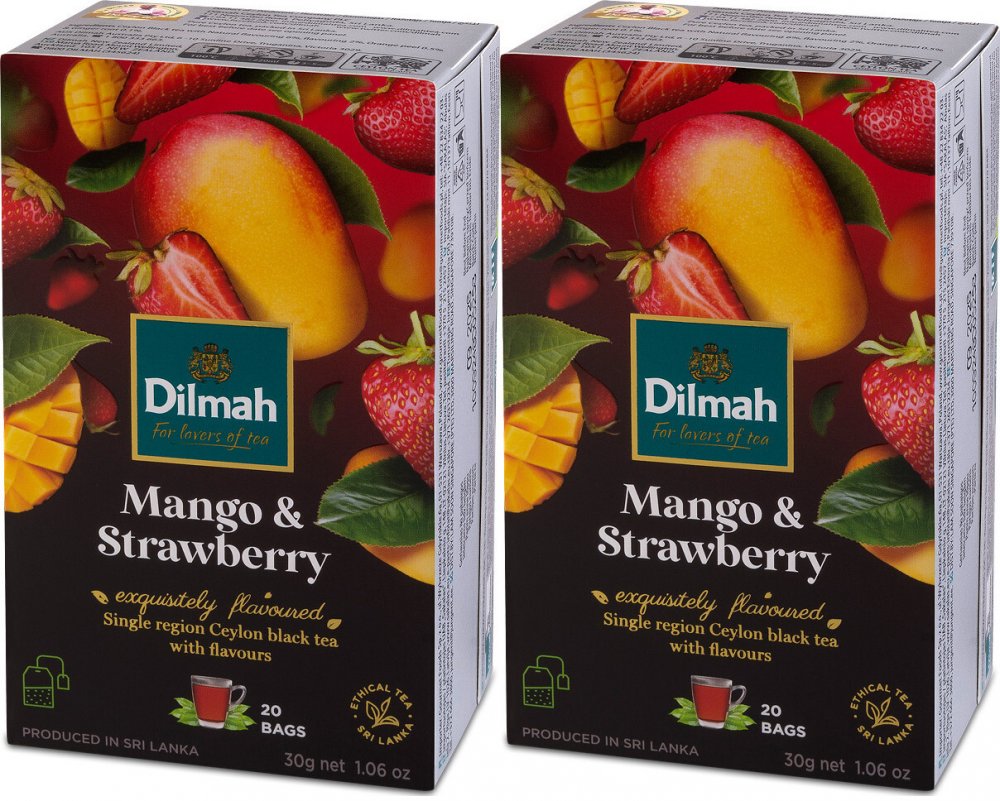2x herbata czarna aromatyzowana w torebkach Dilmah, mango i truskawka, 20 sztuk x 1.5g