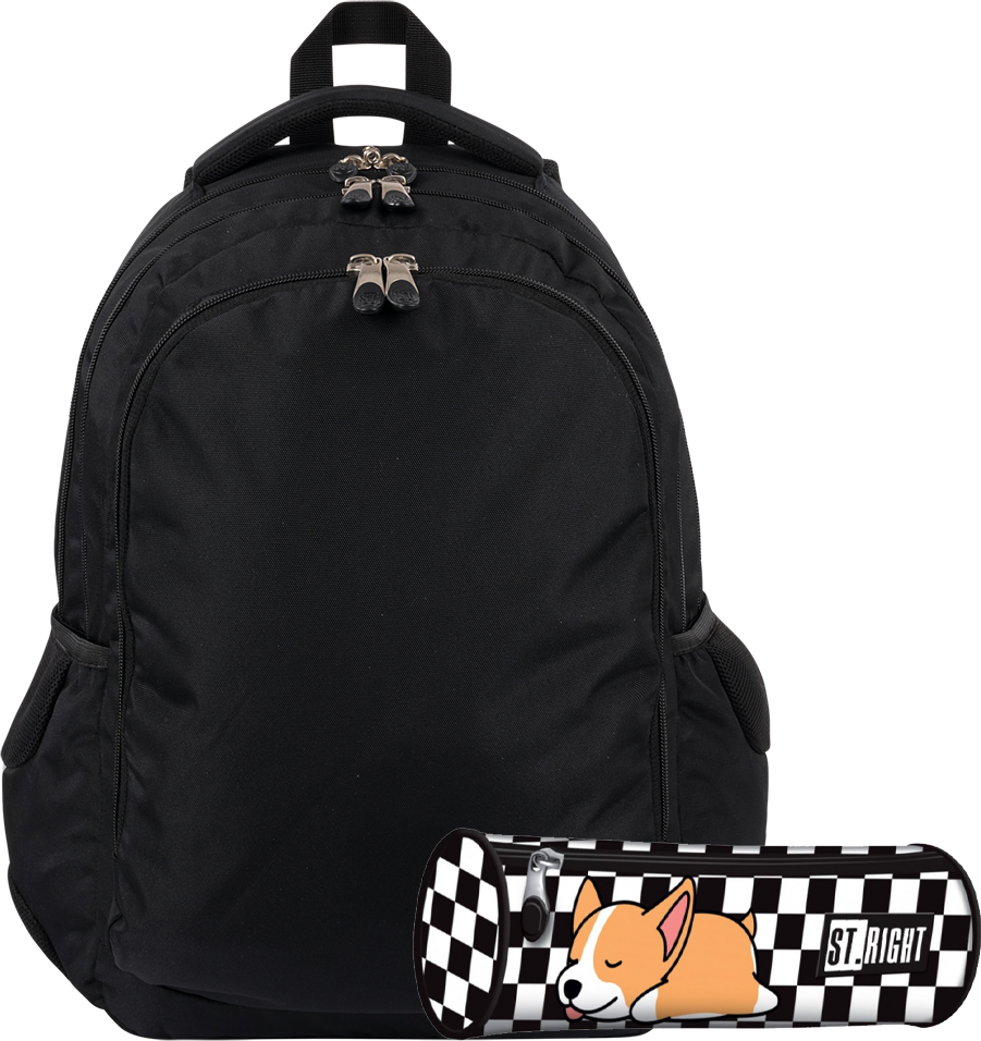 Zestaw: Plecak Black + piórnik tuba Sleepy Corgi St.Right