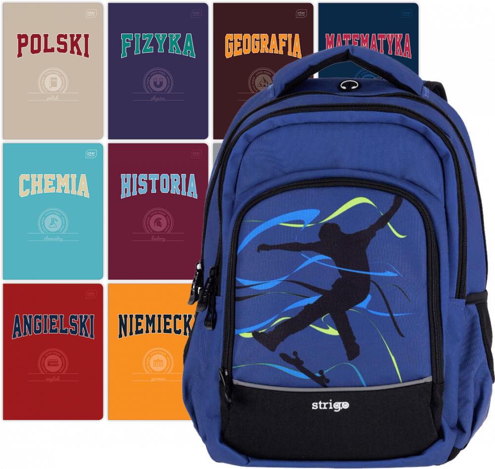 Zestaw: Plecak szkolny Strigo Misty Skate + Zeszyty przedmiotowe Interdruk, A5, 60 kartek, 10 sztuk