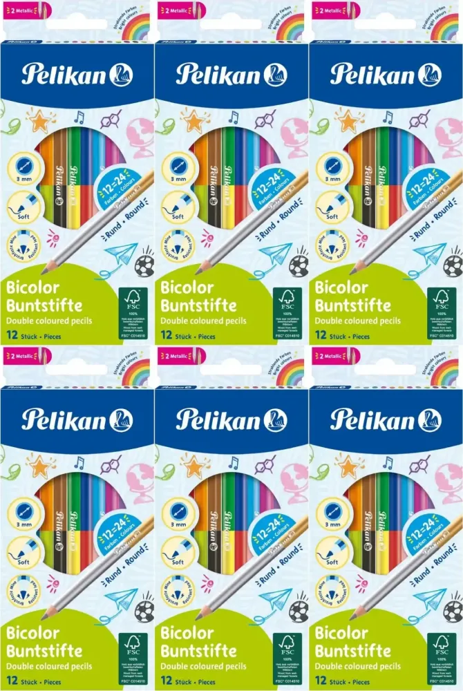6x Kredki ołówkowe Pelikan, dwustronne, 12 sztuk, 24 kolory